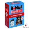 A 1kg box of Bobtail Dog Biscuits, spare rib flavour, with red and blue packaging featuring a happy dog and large bone-shaped biscuit on the front. Suitable for all sized dogs.
