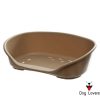 The Addis Pet Basket (Medium - Beige) is an oval-shaped plastic dog bed in brown, featuring a lowered front edge and ventilation holes at the base. The Dog Lovers logo with a red heart and black dog is displayed in the bottom right corner.