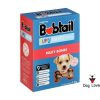 A 1kg red box of Bobtail Puppy Biscuits-Milky Bones featuring a puppy image and bone-shaped biscuits, with nutrition icons and product information on the packaging.