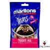 A blue and pink 120g Marltons Trainer Mix bag for dogs features a pug's face; packaging highlights its semi-moist, chewy texture and support for healthy skin and coat.